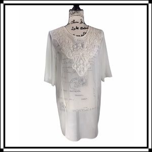 ZARA - Semi Sheer Embroidered Detail 3/4 Sleeve Cover-Up / Tunic Cream - M